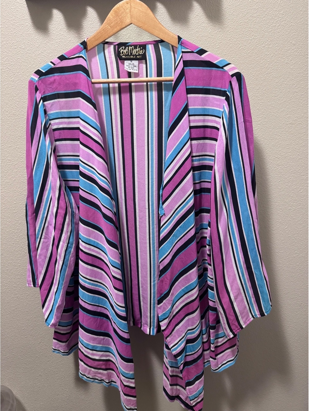 Bob Mackie Wearable Art 1X 100% Silk Striped Waterfall Cardigan Kimono Top
